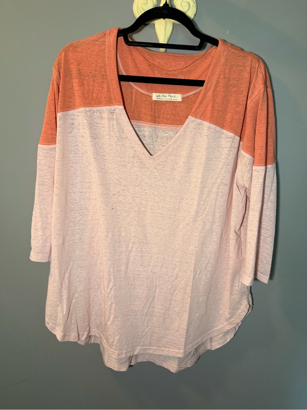 We The Free Two-Tone V-Neck Top in Coral and Light Pink